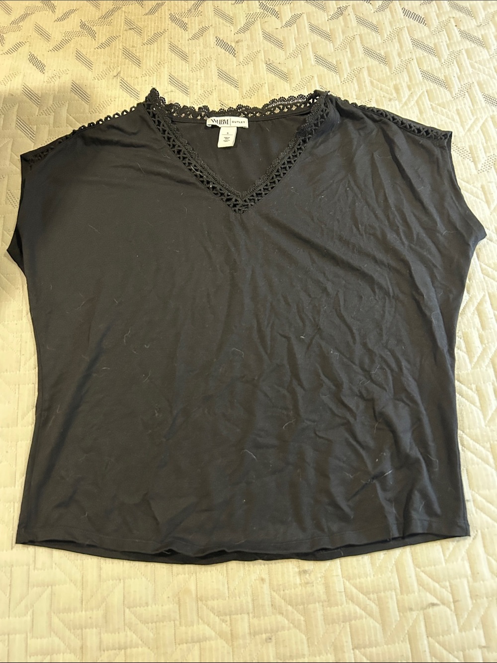 White House Black Market Black V-Neck Crochet-Trim Tee